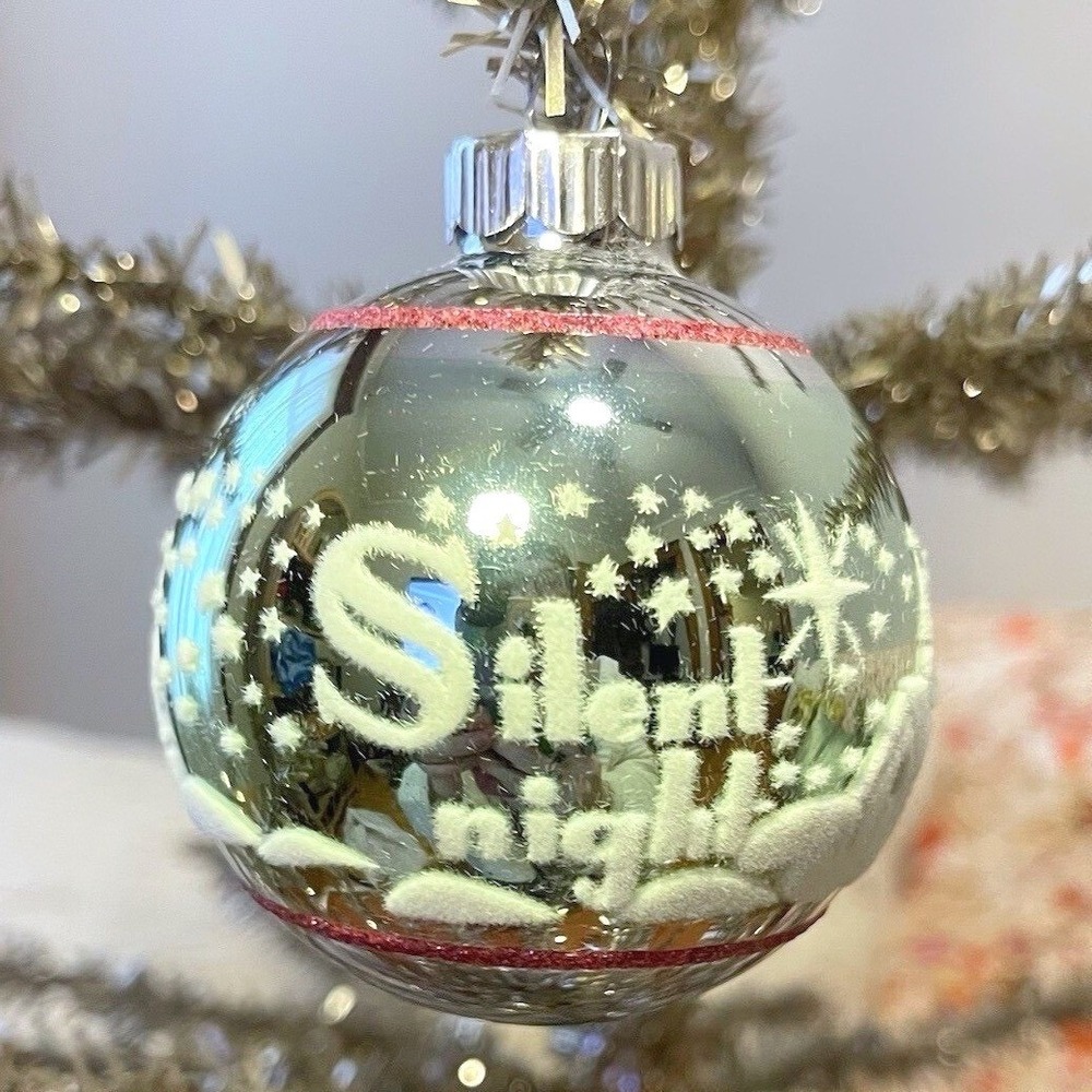 Radko Shiny Brite Stenciled Flocked Ornament Silent‎ Night Green Pink Silver MCM